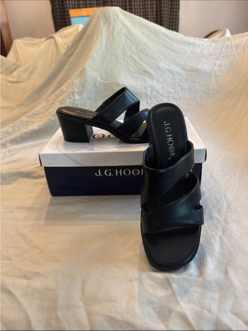 J.G. Hook Black Leather Mid Heel Slide Sandals
